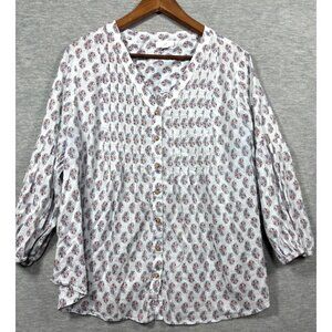 J. Jill Womens White Paisley Print Button-Front Cotton Blouse Size L